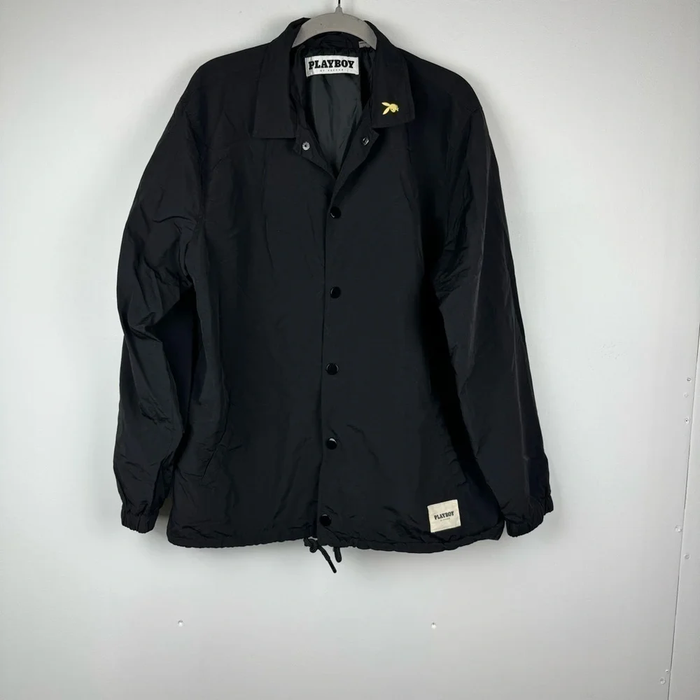 PLAYBOY by Pacsun Snap Nylon Jacket  Bunny Logo Jacket, Black & Yellow, Medium